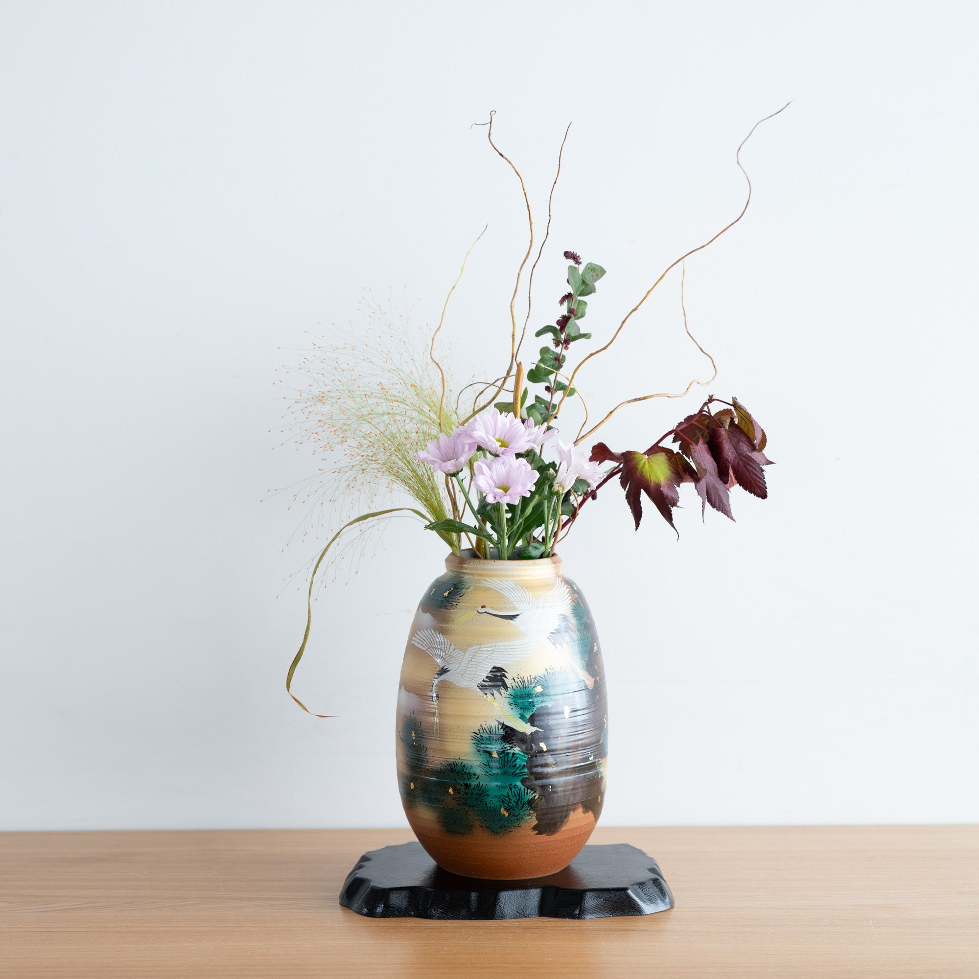 Cranes and Pine Japanese Flower Vase with Stand