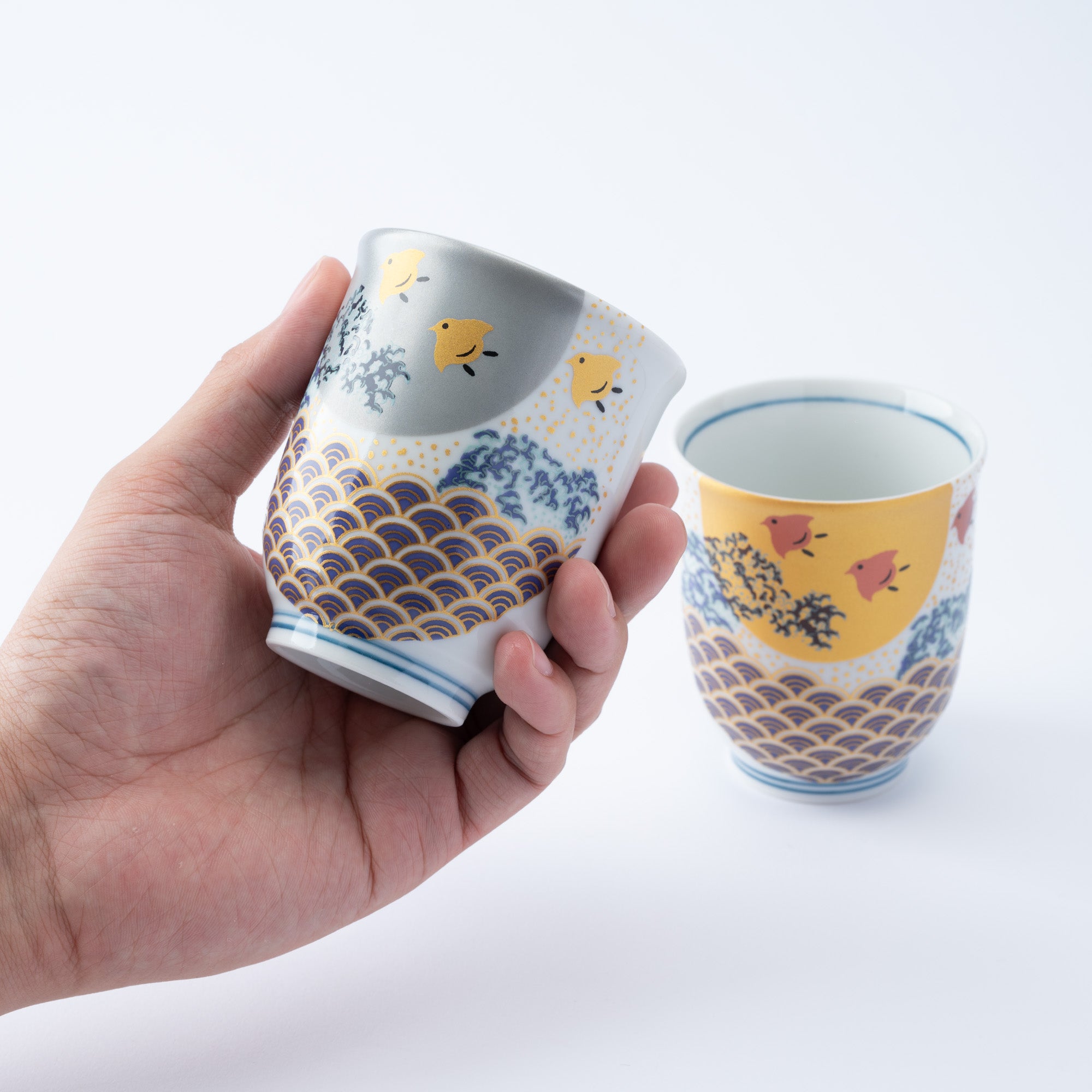 Waves and Birds Yunomi Japanese Teacup Pair