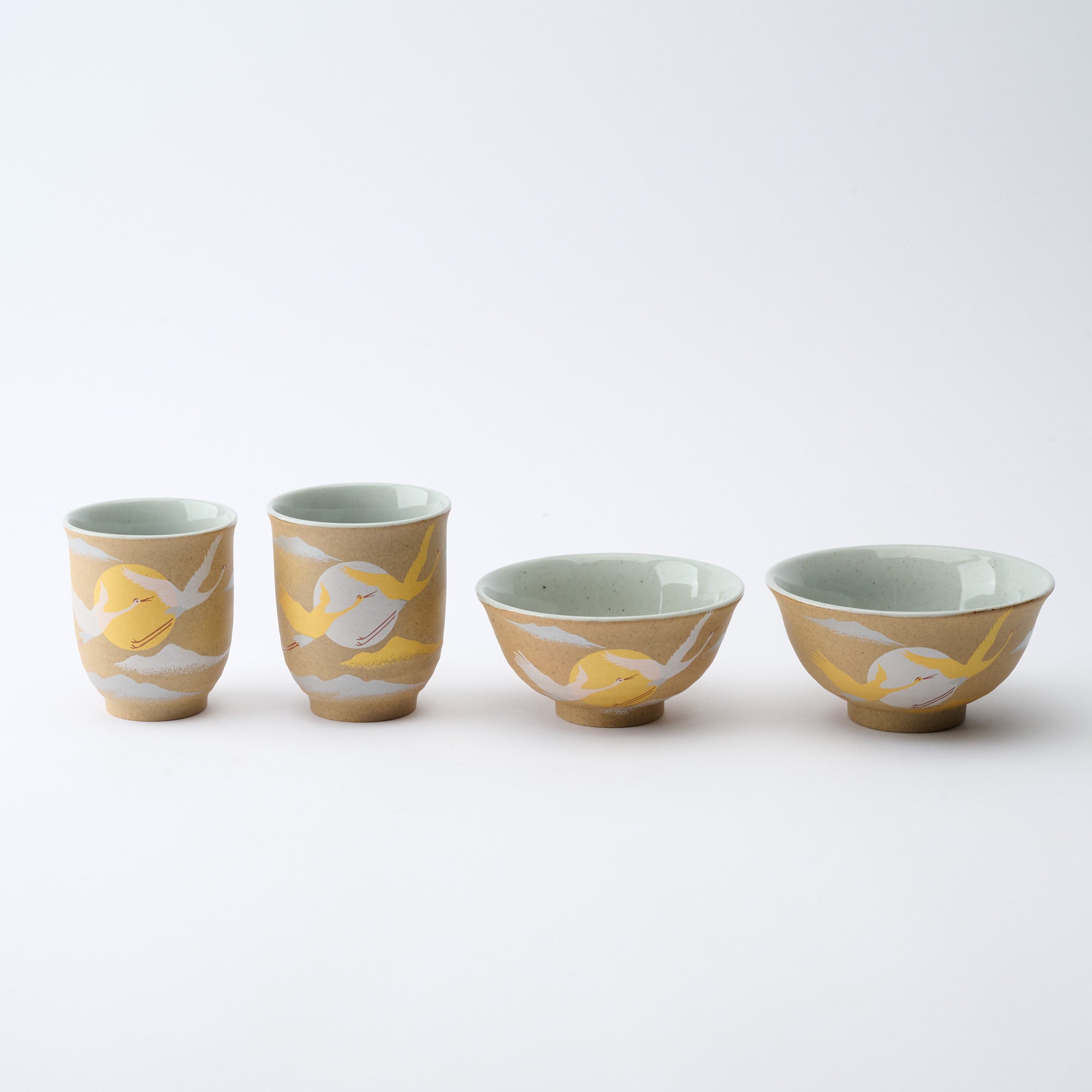 Golden and Silver Cranes Rice Bowl and Japanese Yunomi Teacup Pair Set - JAPAN KUTANI SHOP