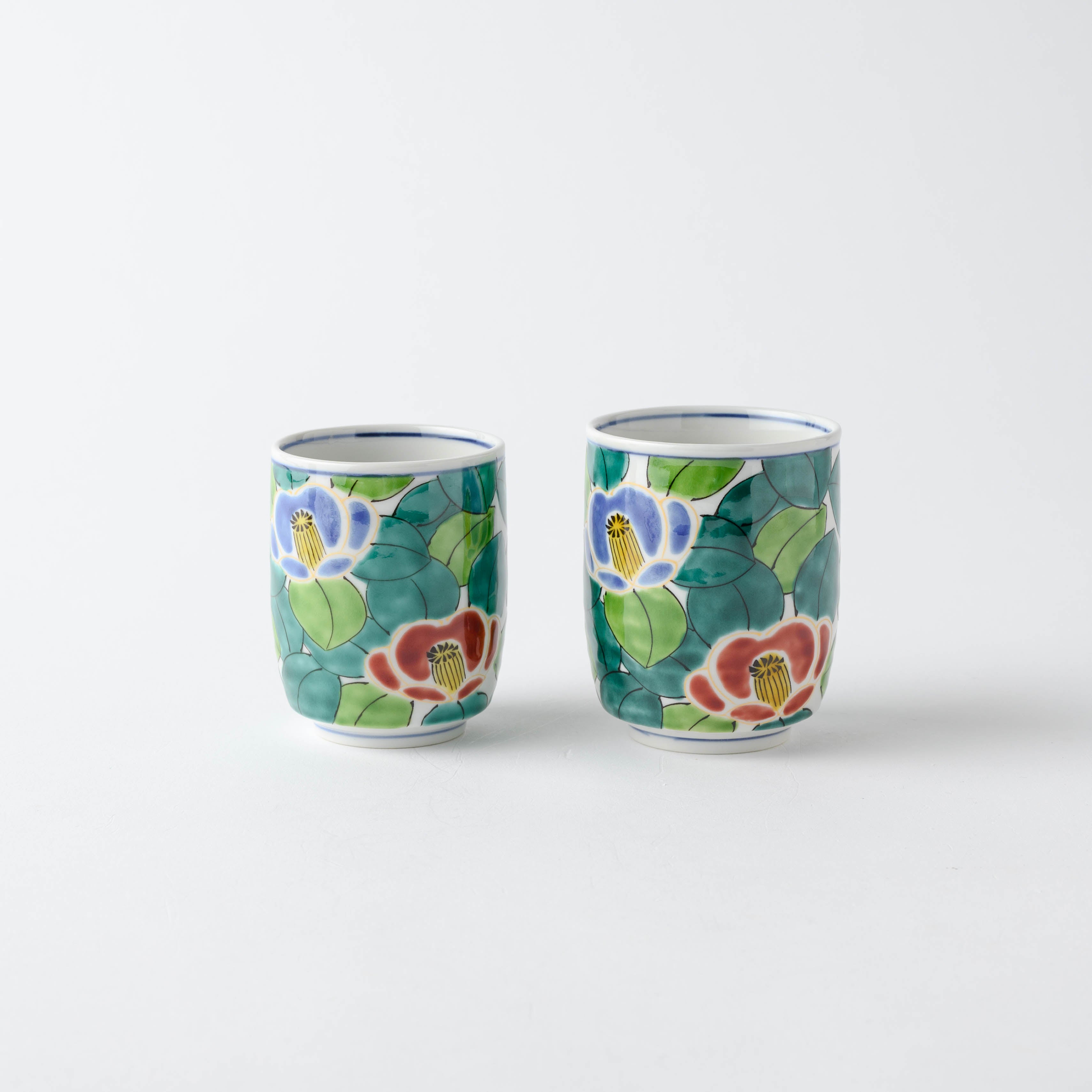 Colorful Sasanqua Yunomi Japanese Teacup Pair