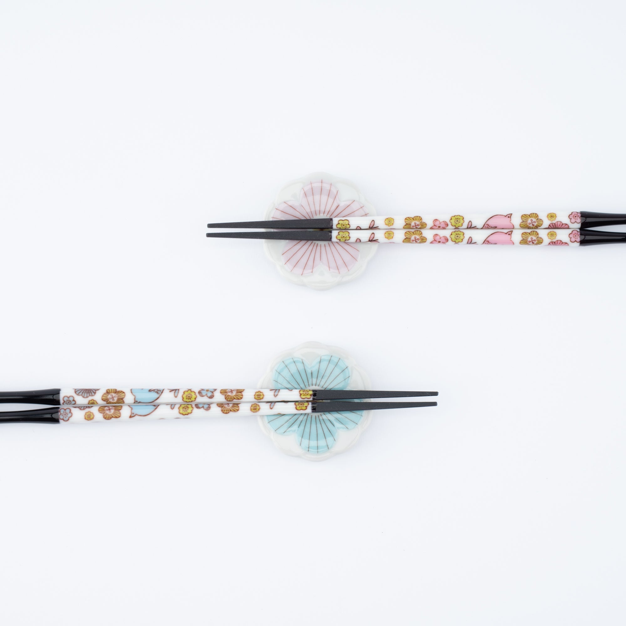 Pink and Blue Flowers Chopsticks Pair Set with Chopstick Rests