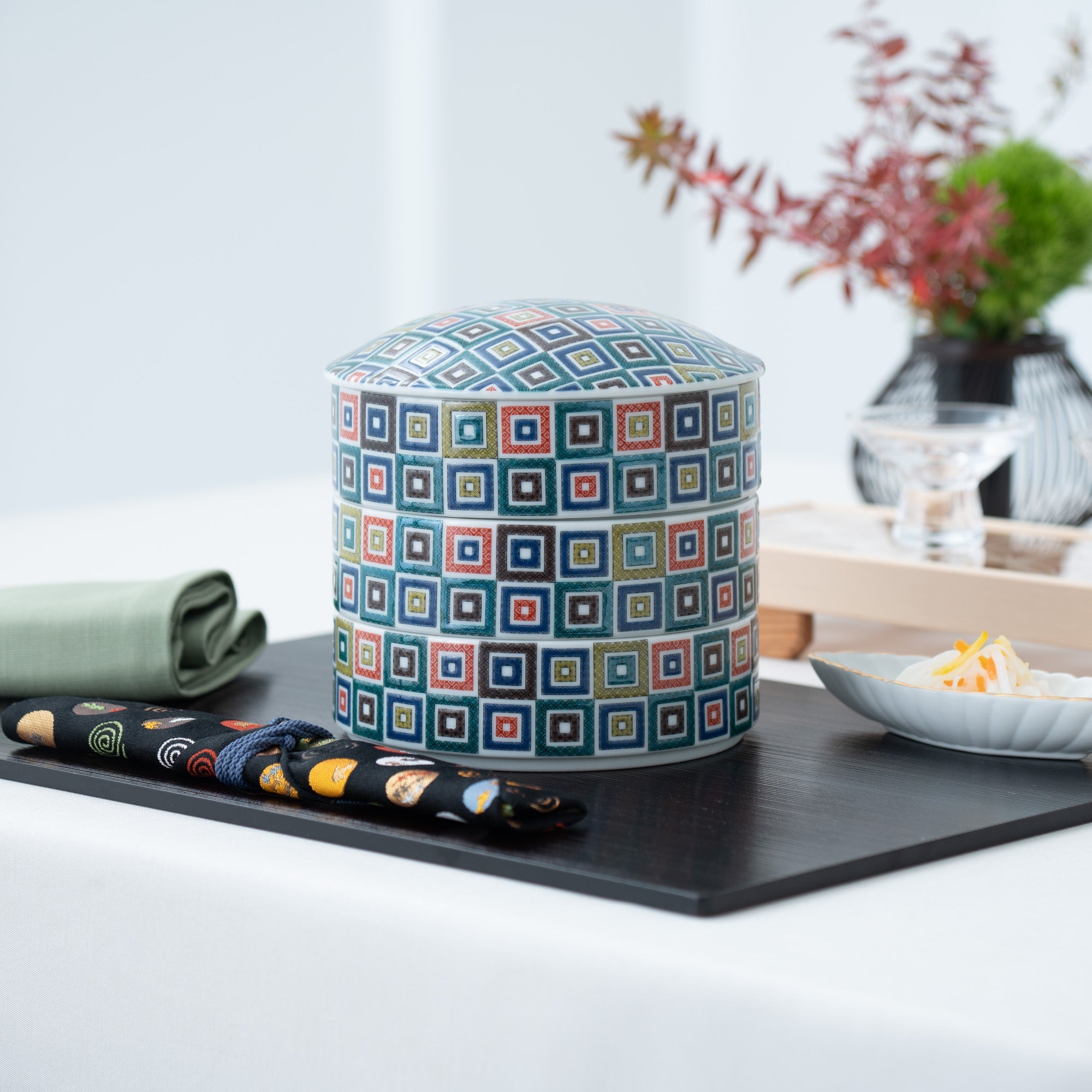 Seikou Kiln Color Tiles Kutani Three Tiers Jubako Bento Box - MUSUBI KILN - Quality Japanese Tableware and Gift
