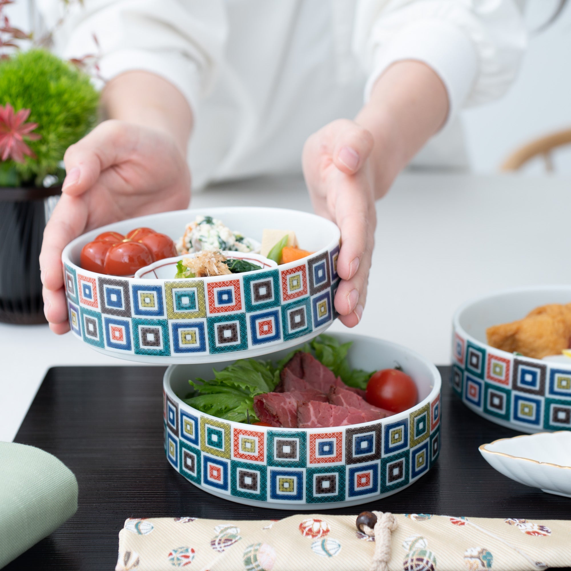 Seikou Kiln Color Tiles Kutani Three Tiers Jubako Bento Box - MUSUBI KILN - Quality Japanese Tableware and Gift