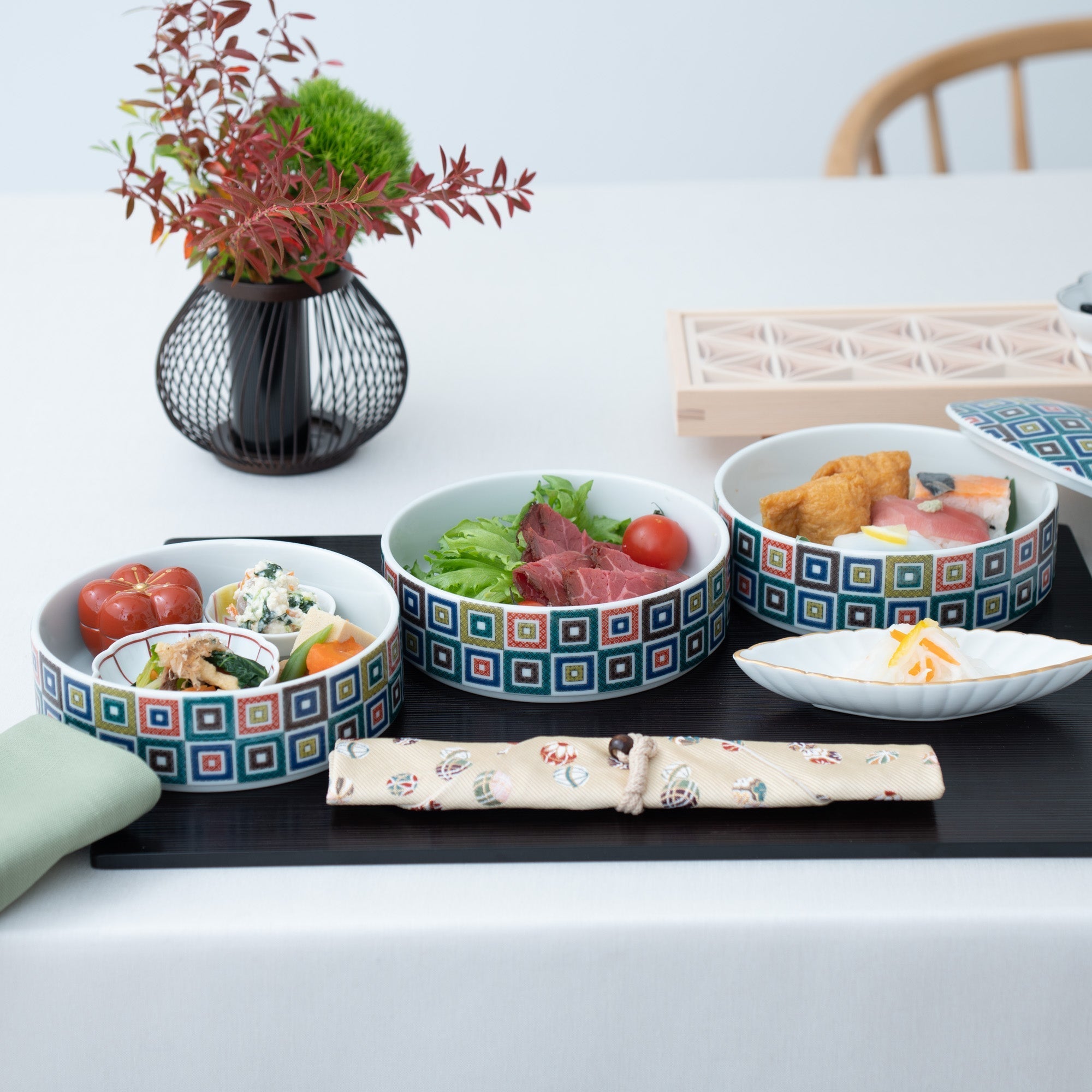 Seikou Kiln Color Tiles Kutani Three Tiers Jubako Bento Box - MUSUBI KILN - Quality Japanese Tableware and Gift