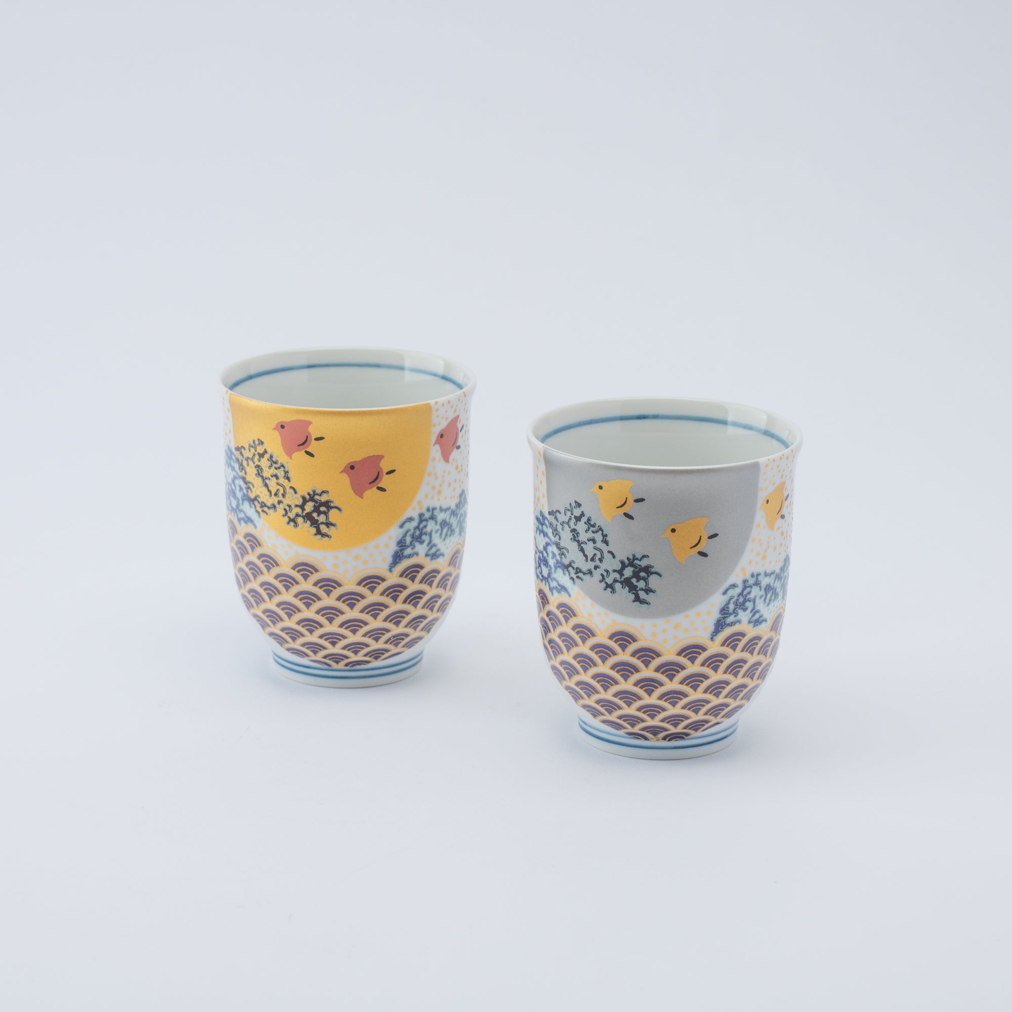 Waves and Birds Yunomi Japanese Teacup Pair