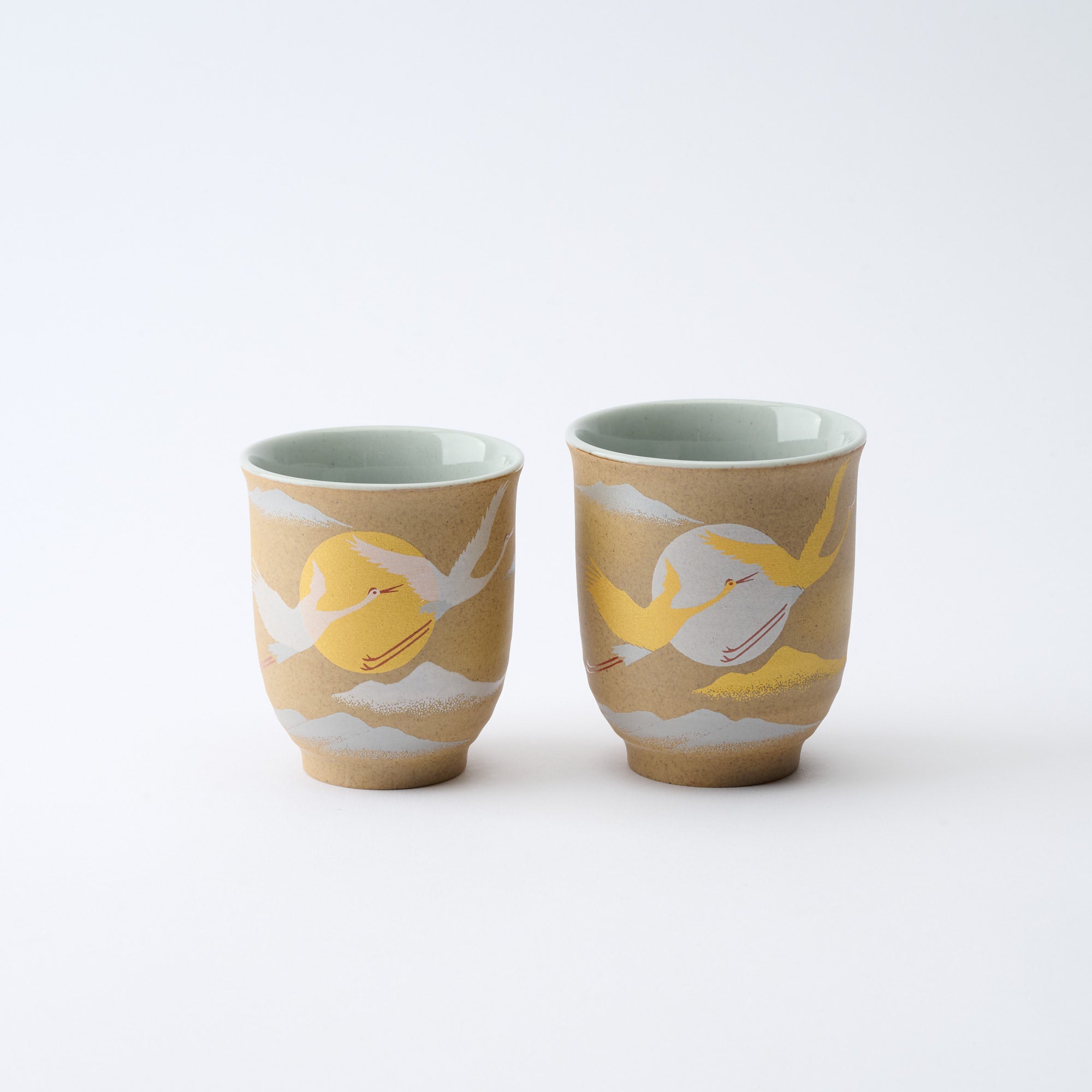 Golden and Silver Cranes Rice Bowl and Japanese Yunomi Teacup Pair Set - JAPAN KUTANI SHOP