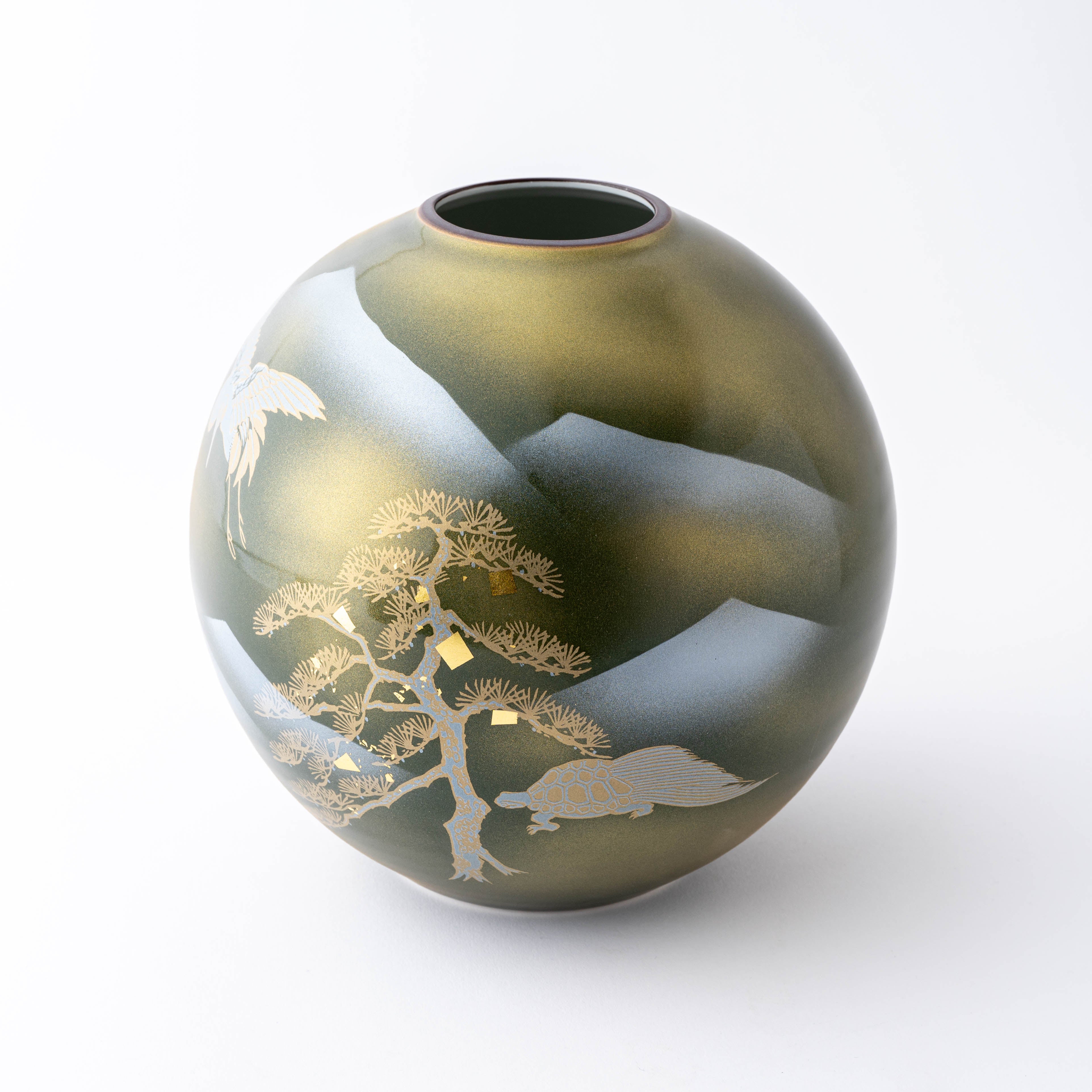 Gold Crane and Tortoise Japanese Flower Vase - JAPAN KUTANI SHOP
