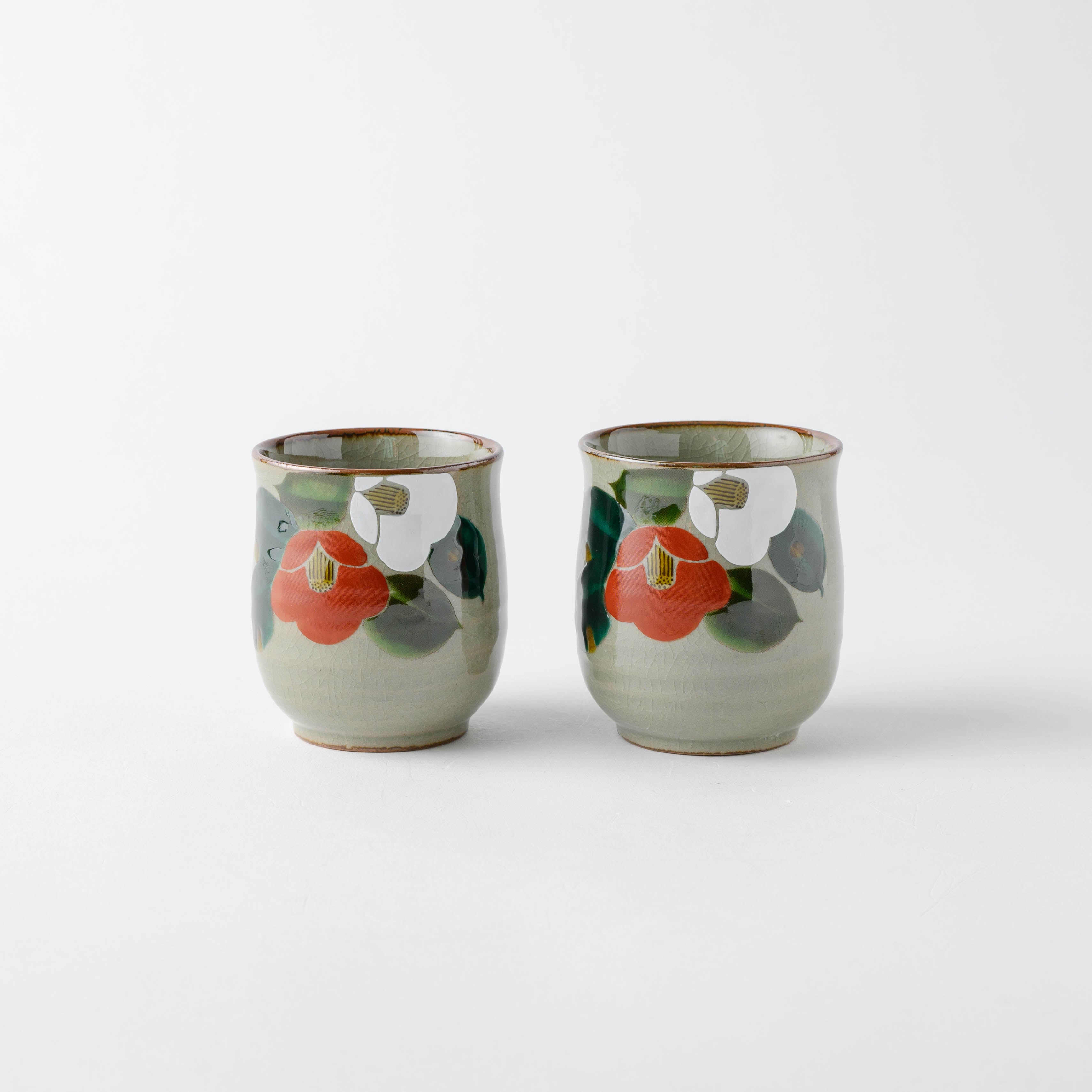 Red and White Camellia Japanese Teacup Pair - JAPAN KUTANI SHOP