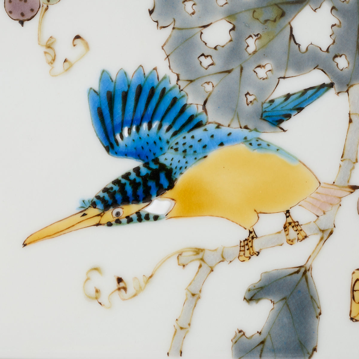 Kingfisher and Wild Grape Porcelain Plaque