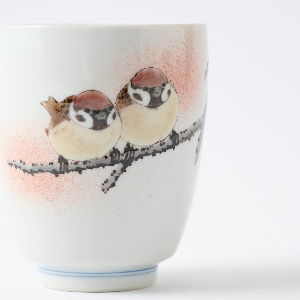 Perched Twin Sparrows Japanese Yunomi Teacup