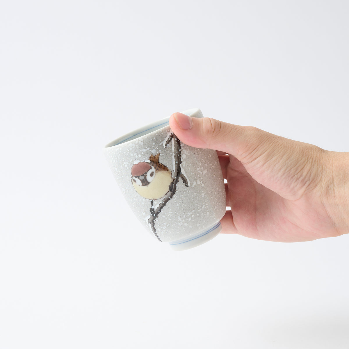 Sparrow in the Snow Japanese Yunomi Teacup