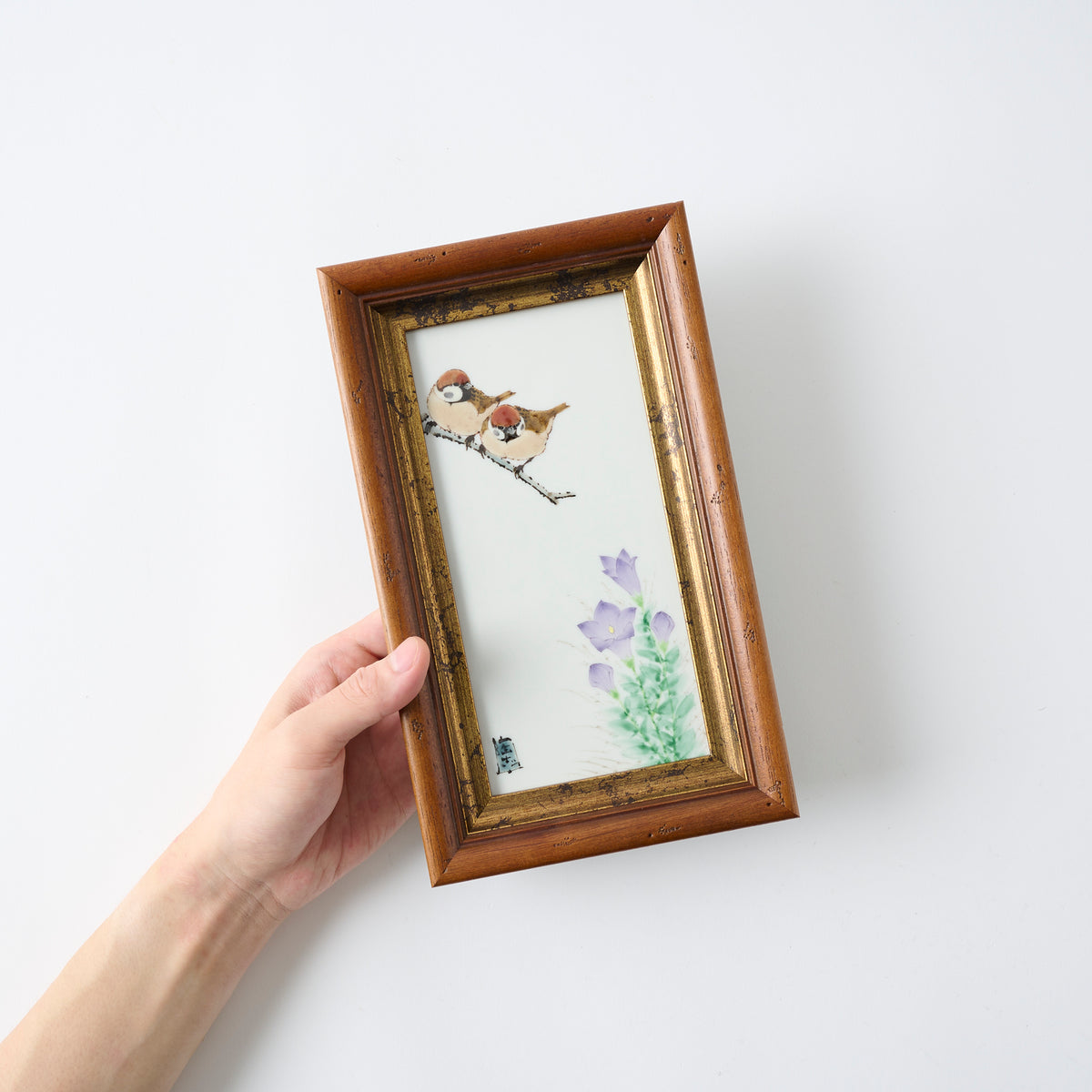 Sparrows and Balloon Flower Porcelain Plaque