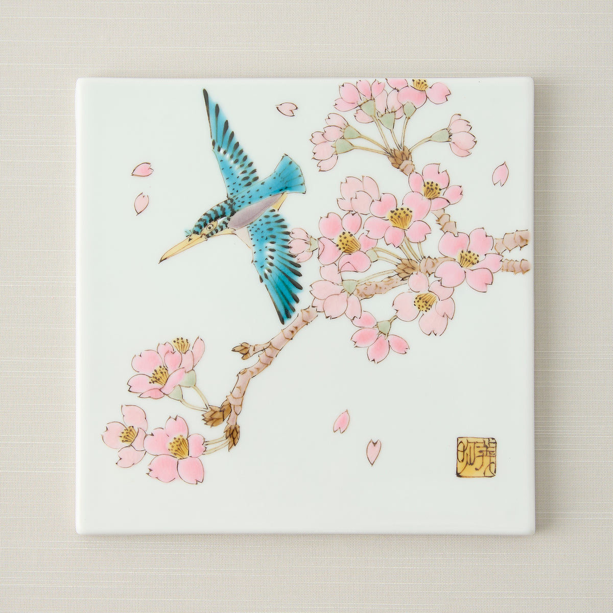 Kingfisher and Sakura Porcelain Plaque