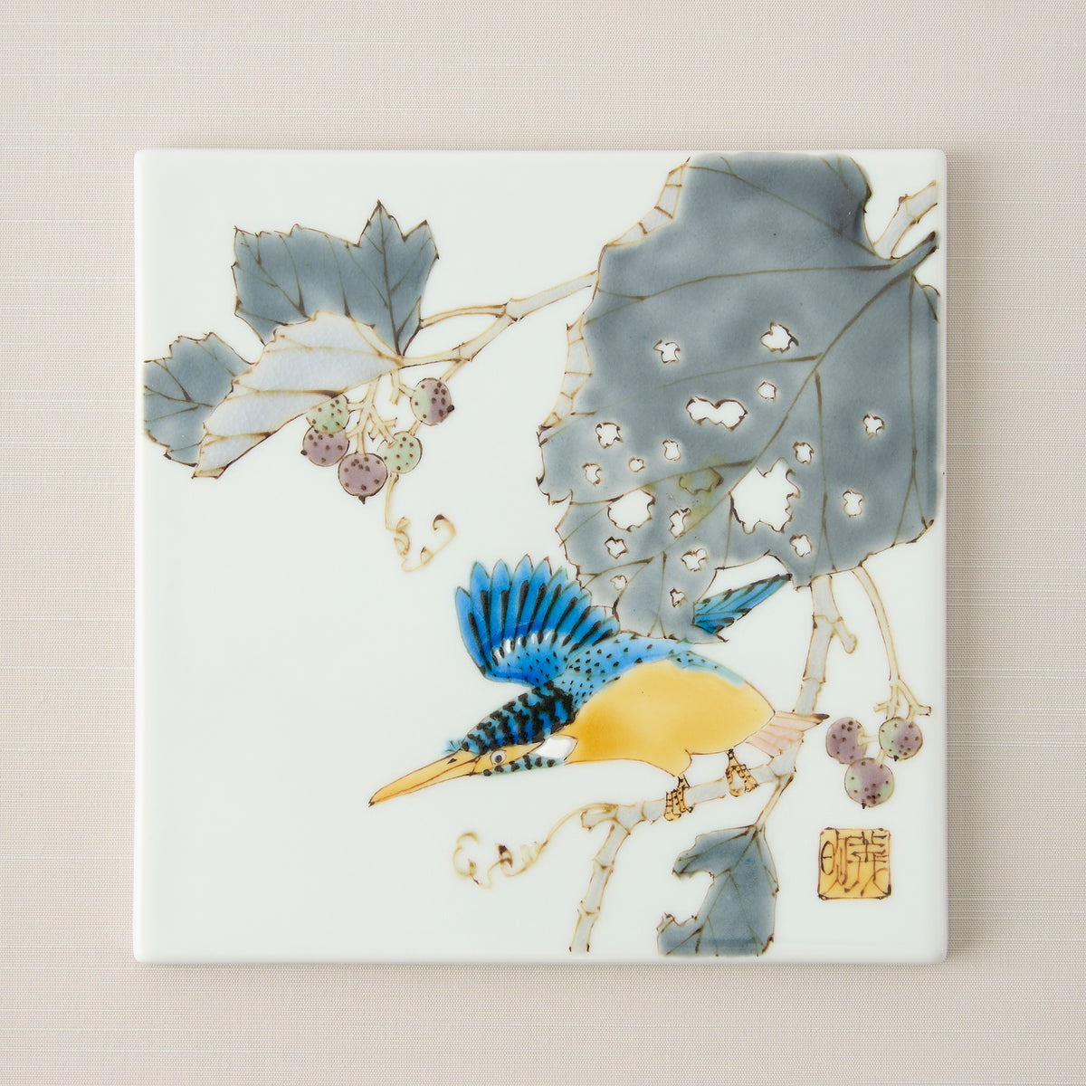 Kingfisher and Wild Grape Porcelain Plaque