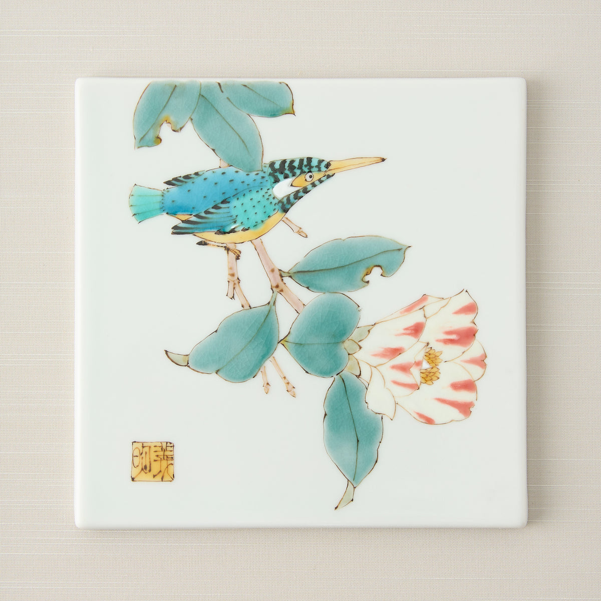 Kingfisher and Camellia Porcelain Plaque