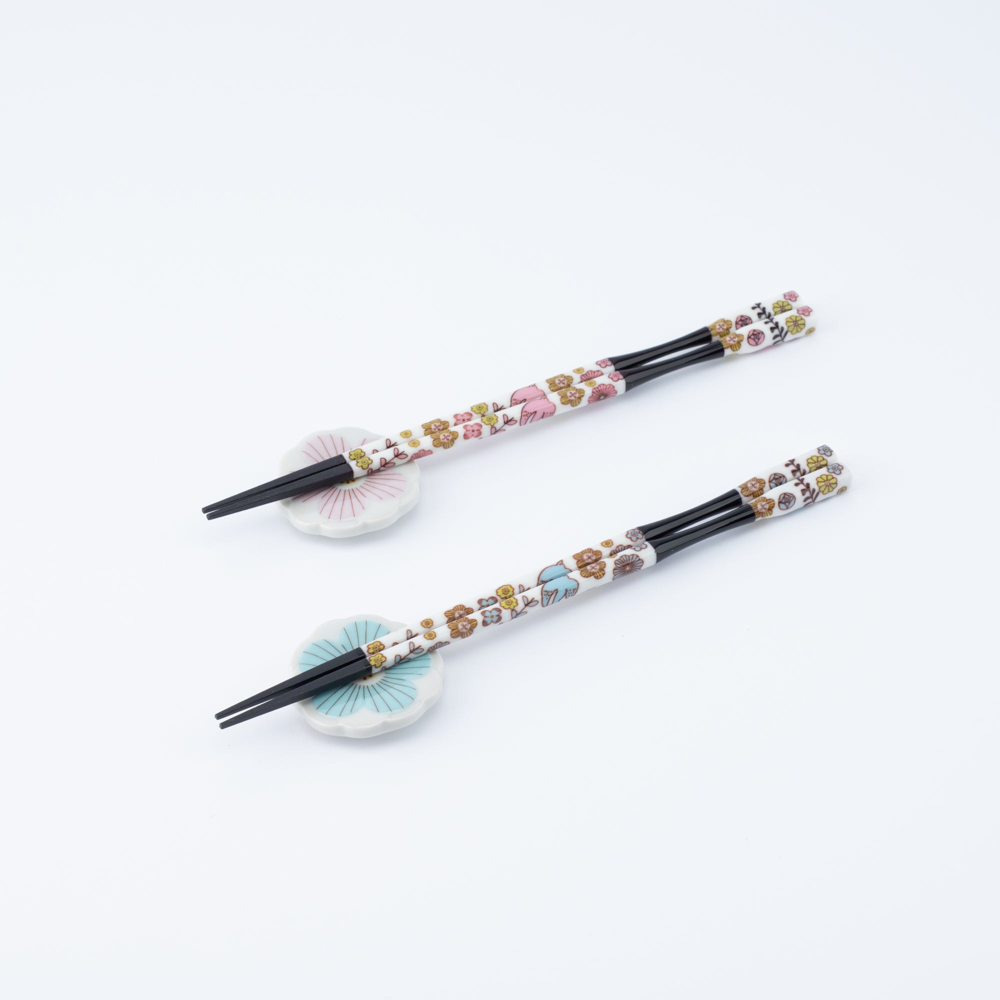 Pink and Blue Flowers Chopsticks Pair Set with Chopstick Rests