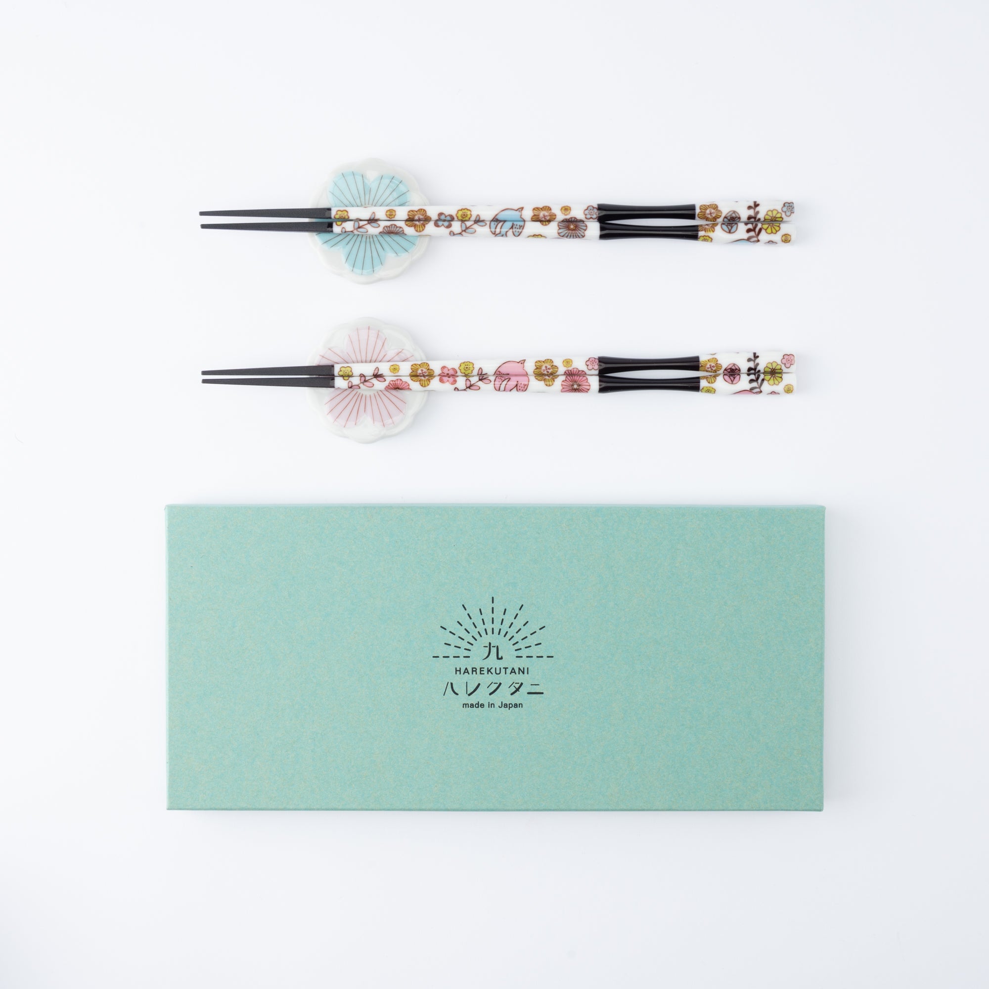 Pink and Blue Flowers Chopsticks Pair Set with Chopstick Rests